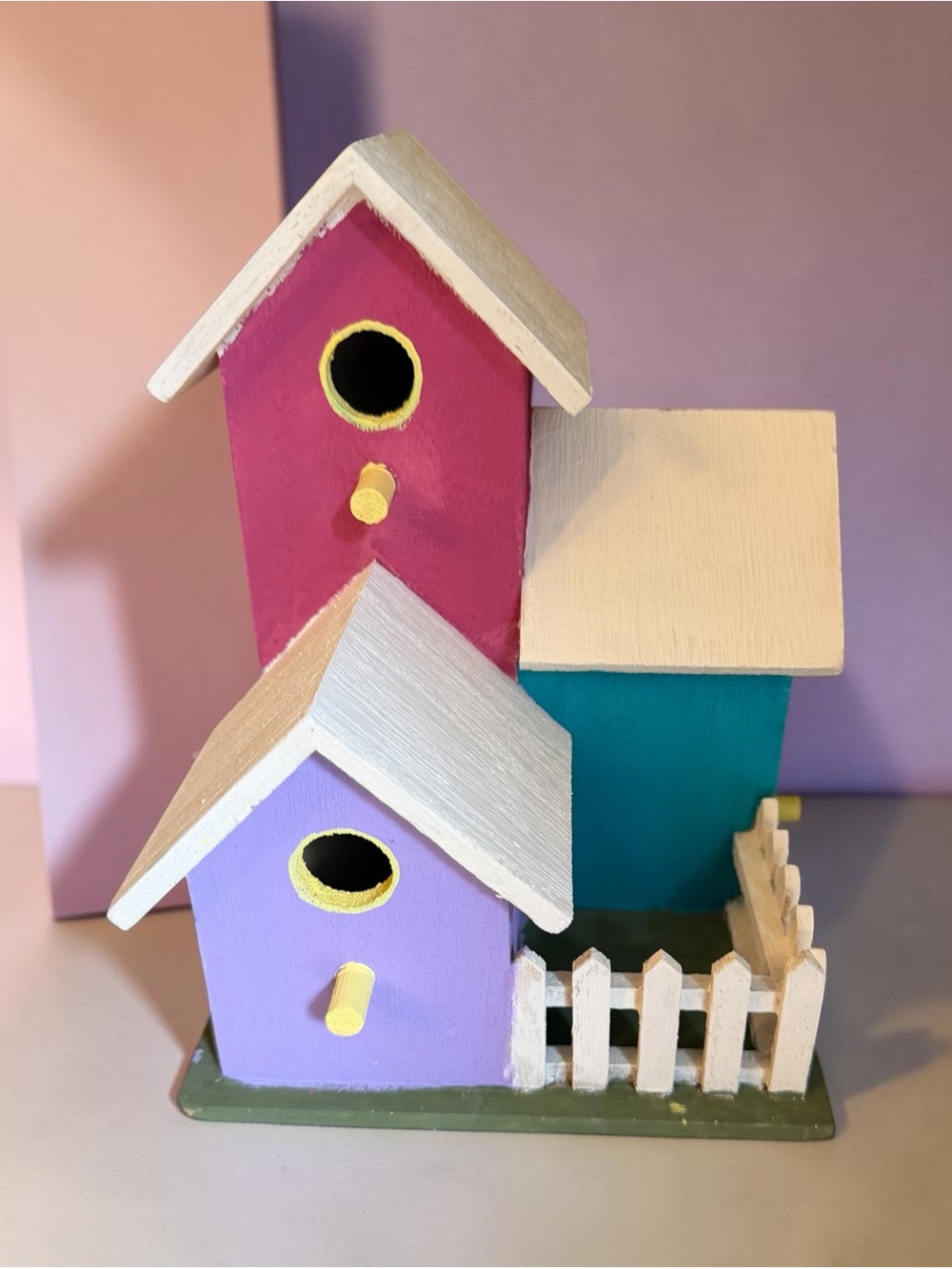 Hand Crafted Pink, Purple, Teal Birdhouse Trio